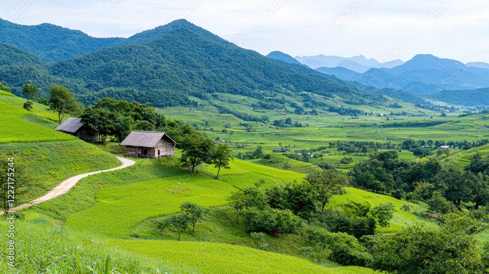 Mountain valley farm houses, green rice paddies, rural landscape, scenic view, travel photography Mountain valley farm houses, green rice paddies, rural landscape, scenic view, travel photography