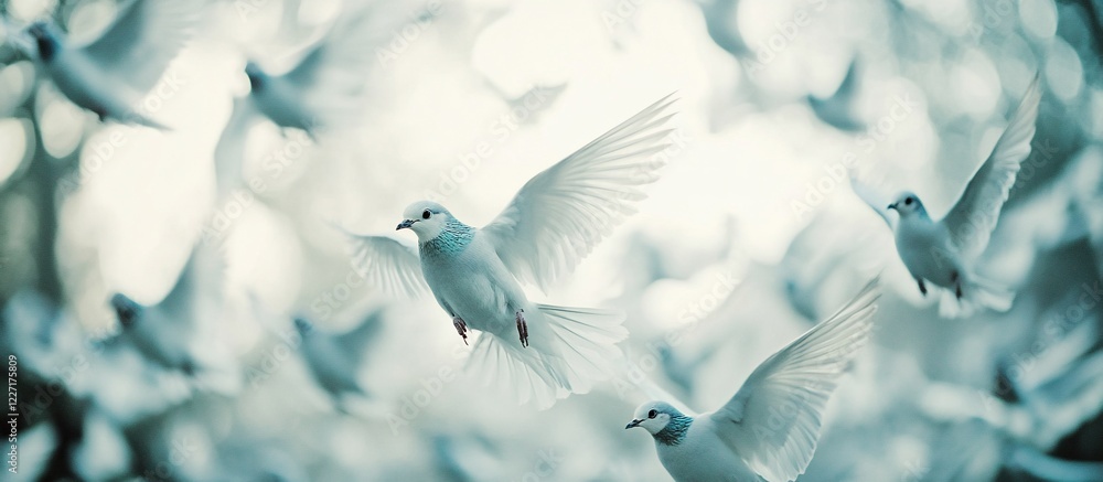 Obraz premium White doves flight, peaceful scene, blurred background, spiritual imagery