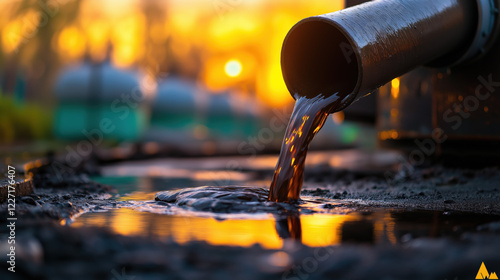 A lone pipe releases thick, dark oil into a forming pool as vibrant hues from the setting sun reflect off the surface. The industrial site buzzes with the weight of energy production and its impact photo