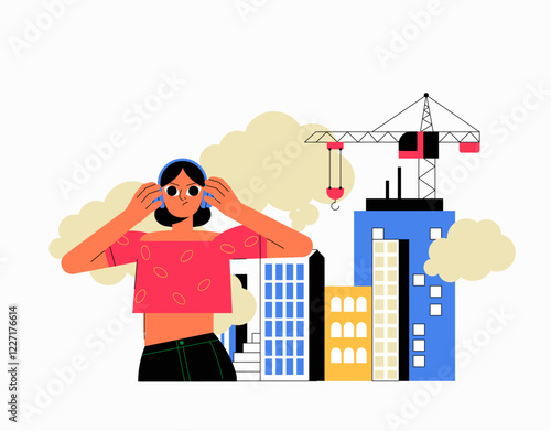 Noise Pollution, Construction Sites, And Urban Environment In Flat Vector Illustration Symbolizing City Noise, Industrialization, And Environmental Disruption, Isolated On White Background.