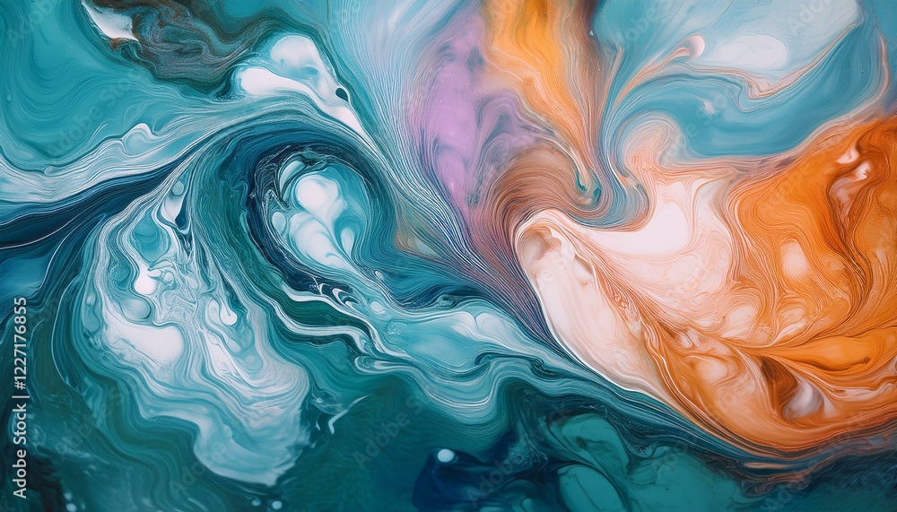 Fototapeta premium 複数の絵の具が水面で混ざり合い、マーブル状の流れを作るテクスチャ