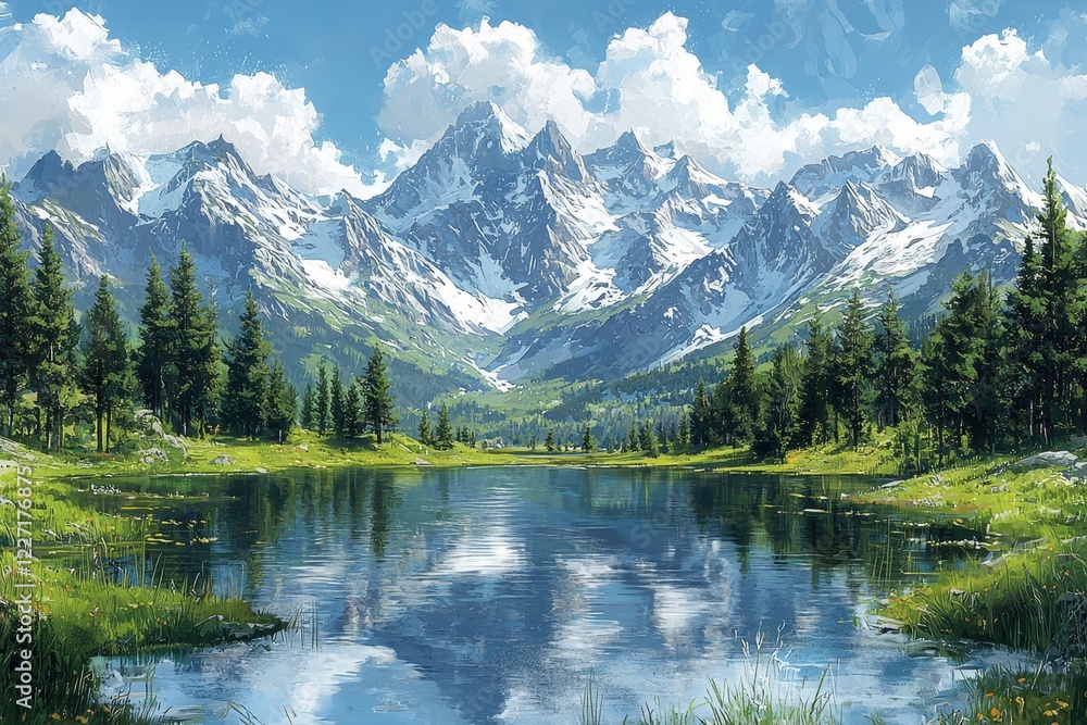 Fototapeta premium A stunning piece of art that embodies the tranquility of a mountain range and a serene lake in the foreground, illustrating lakes and mountains