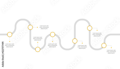 Business roadmap timeline infographic with 7 steps.