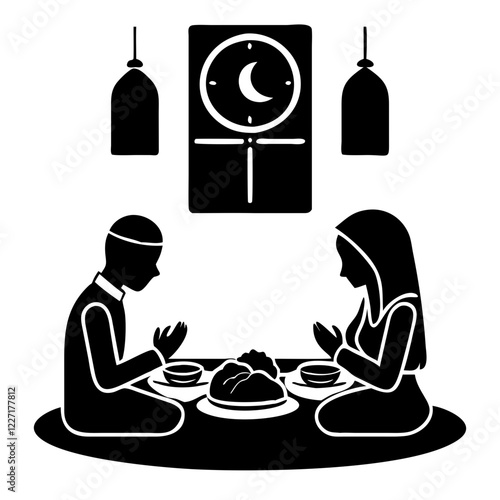 Muslim Couple Praying Before Iftar with Crescent and Clock Vector Illustration