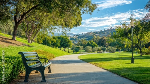 Fototapeta Naklejka Na Ścianę i Meble -  A peaceful grand park with walking paths, benches, and scenic views of the surrounding landscape