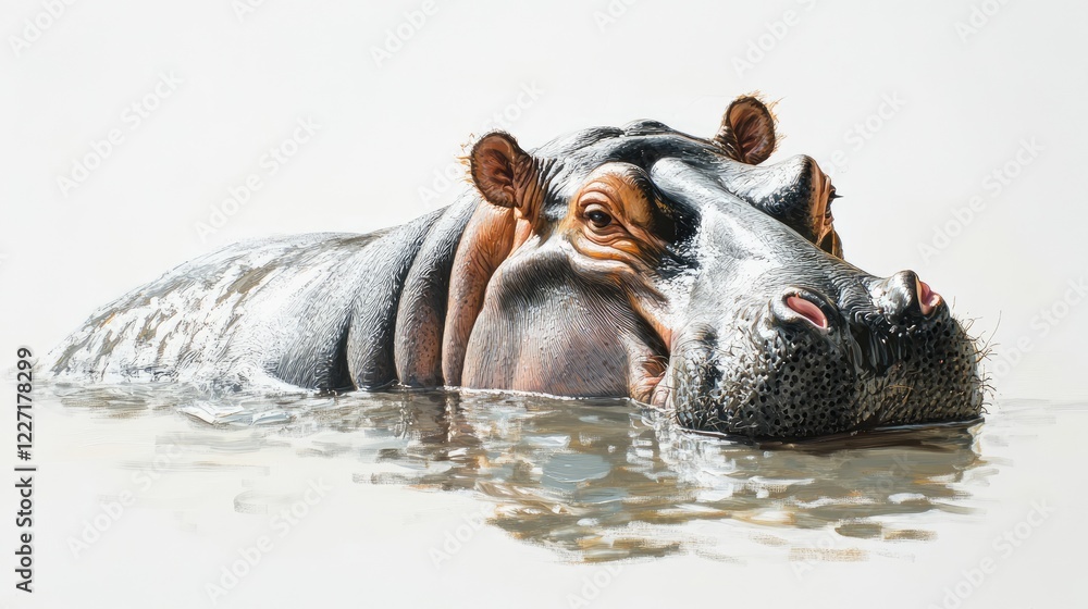 Fototapeta premium Hippo soaking in water on a white background