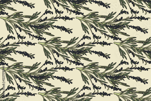 Botanical olive plant branches with leaves and berries abstract seamless pattern vector illustration. Repeating Olive tree in beige colors background. Graphic design for Wallpaper Print Cover Textile