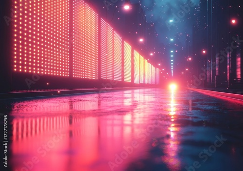 Background featuring a red neon grid overlayed on a blue horizon with a retro grain effect