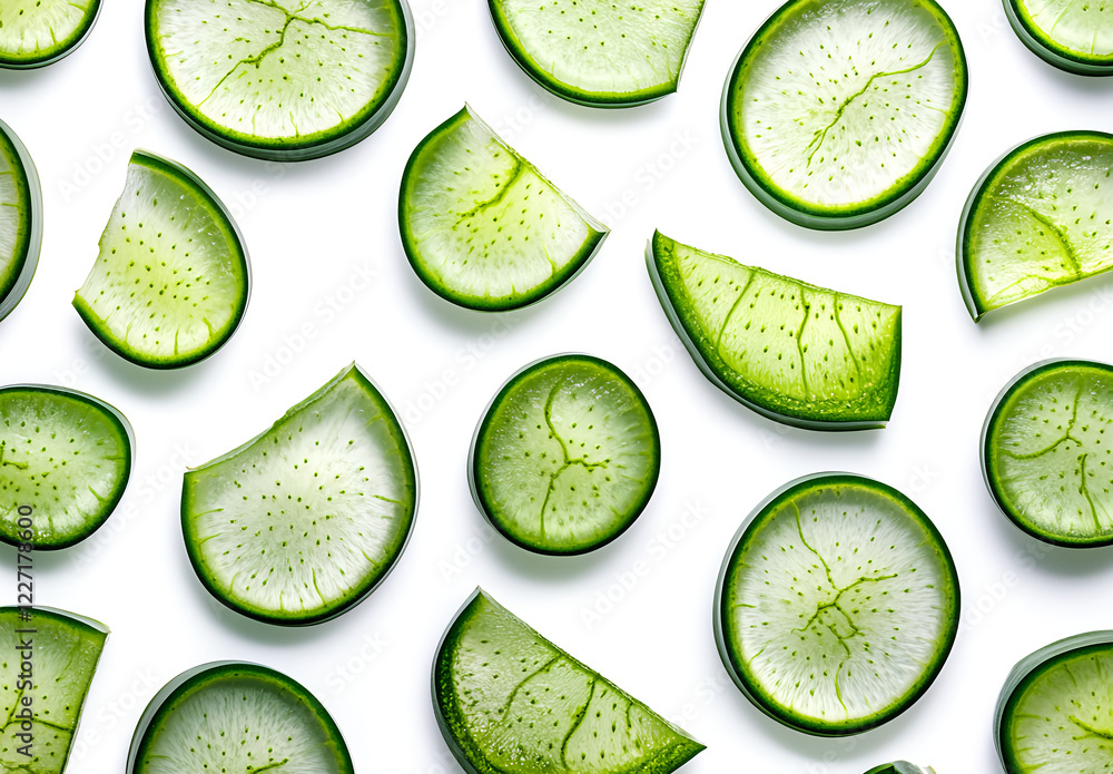 Top view of falling green, fresh-cut slices of aloe vera on a white background, isolated. High-resolution photography. Focus stacking. Top view of falling green, fresh-cut slices of aloe vera on a white background, isolated. High-resolution photography. Focus stacking.