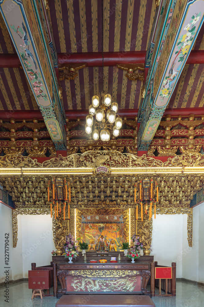 View of Phra Mae Bang Klao Statue inside the Buddhist temple of Wat Dhammakatanyu (Xian Lo Dai Tien Gong). Taiwanese art style, use it as your Wallpaper, Poster and Copy space, Selective focus.