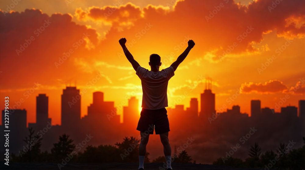 Silhouette of a person with arms raised in victory against a vibrant sunset cityscape. Silhouette of a person with arms raised in victory against a vibrant sunset cityscape.