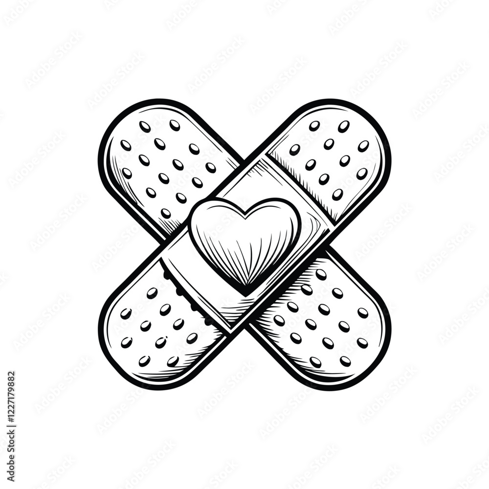 Design a minimalist logo featuring a band-aid intersecting a stylized heart shape, conveying healing and care. Emphasize clean lines and a modern aesthetic. Design a minimalist logo featuring a band-aid intersecting a stylized heart shape, conveying healing and care. Emphasize clean lines and a modern aesthetic.