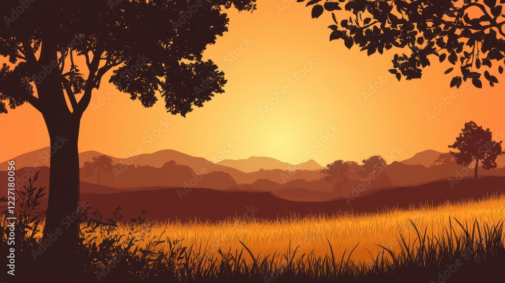Serene Sunset Landscape Over Rolling Hills And Fields Serene Sunset Landscape Over Rolling Hills And Fields