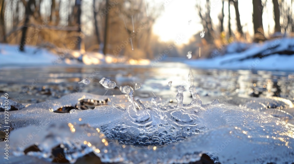 Obraz premium Tranquil Stream with Bubbles in Winter Sunlight