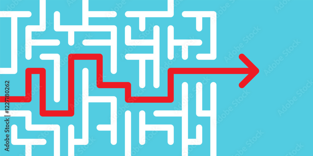 Overcoming the barriers. Conquering the obstacles. Red arrow breaking through the maze on blue background. Overcoming the barriers. Conquering the obstacles. Red arrow breaking through the maze on blue background.