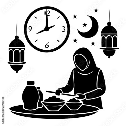 muslim woman preparing iftar with lanterns and crescent vector illustration