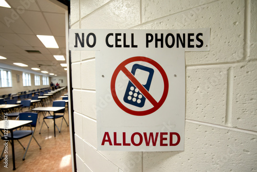 A sign prohibiting cell phones in a classroom, emphasizing a distraction-free environment for students.