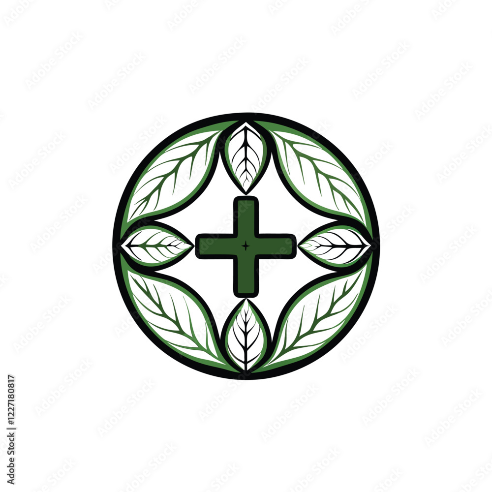 Design a modern, minimalist logo a medical cross encircled by stylized leaves. Emphasis on clean lines and a calming color palette. Design a modern, minimalist logo a medical cross encircled by stylized leaves. Emphasis on clean lines and a calming color palette.