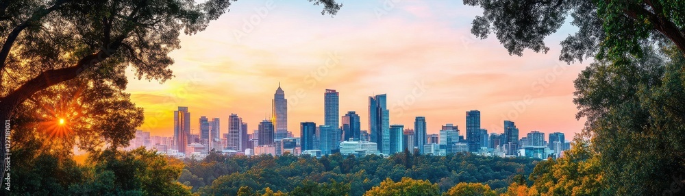 A stunning panoramic view of a city skyline at sunset, framed by lush greenery and vibrant colors in the sky. A stunning panoramic view of a city skyline at sunset, framed by lush greenery and vibrant colors in the sky.