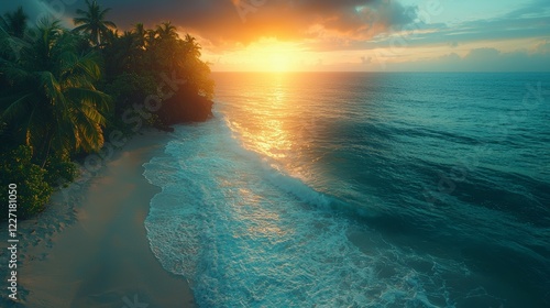 Turquoise waters sparkle at a tropical beach on a sunny summer day