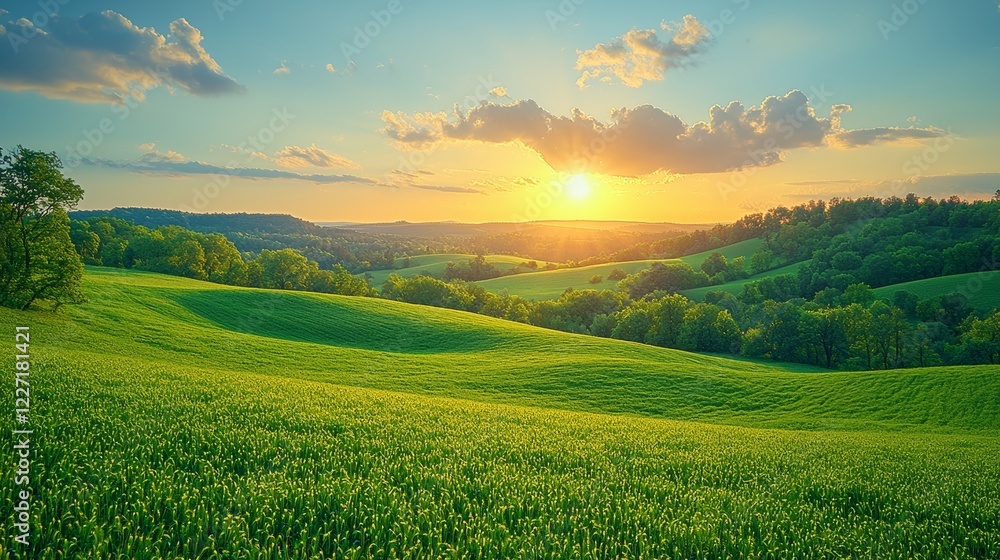 A serene vista of bountiful fields and colorful vegetable plots bathed in the golden hues of sunset, framed by a clear blue sky A serene vista of bountiful fields and colorful vegetable plots bathed in the golden hues of sunset, framed by a clear blue sky