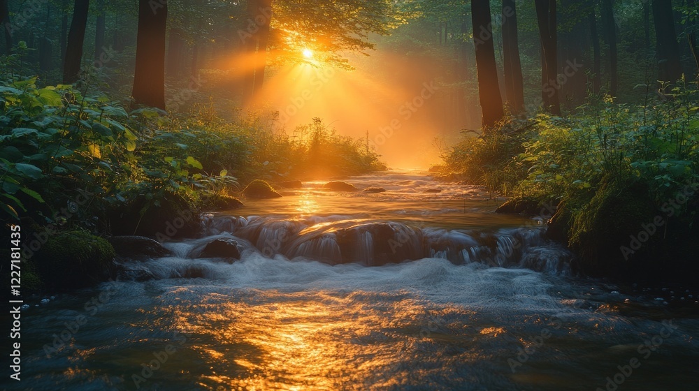 Dramatic Sunlight Streaming Through Misty Forest Over Calm Stream Reflecting Nature's Beauty Dramatic Sunlight Streaming Through Misty Forest Over Calm Stream Reflecting Nature's Beauty
