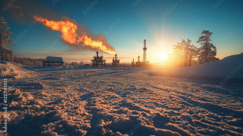 Set against a stunning winter sunset, a remote oilfield emerges with smoke rising from rigs. This striking panorama captures the tension between energy needs and pollution's impact on the environment Set against a stunning winter sunset, a remote oilfield emerges with smoke rising from rigs. This striking panorama captures the tension between energy needs and pollution's impact on the environment