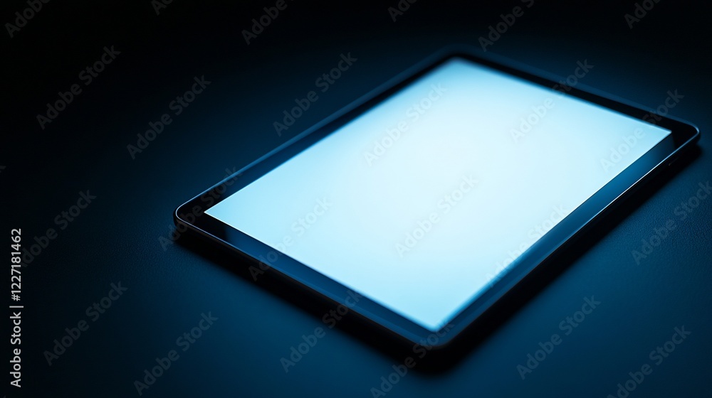 Illuminated tablet screen, dark background, digital display, technology mockup Illuminated tablet screen, dark background, digital display, technology mockup