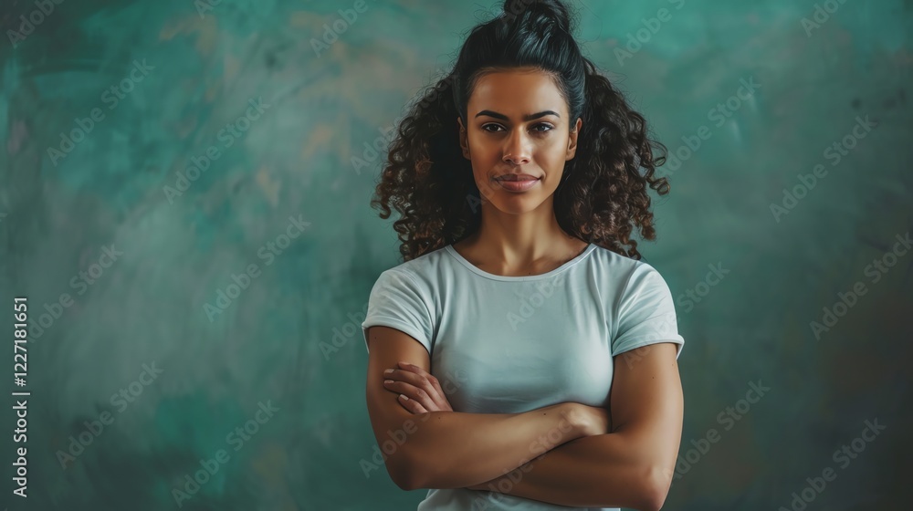 Fototapeta premium Confident young woman with curly hair standing with crossed arms against a blue background.