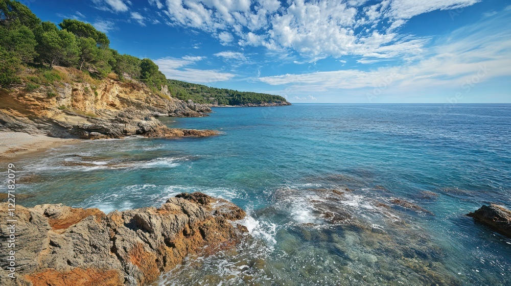 Fototapeta premium Seascape with rocky cliffs and turquoise water under a bright blue sky with clouds