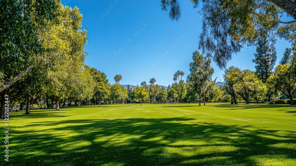 Fototapeta premium A wide view of a grand park with manicured lawns and tall trees under a clear sky.
