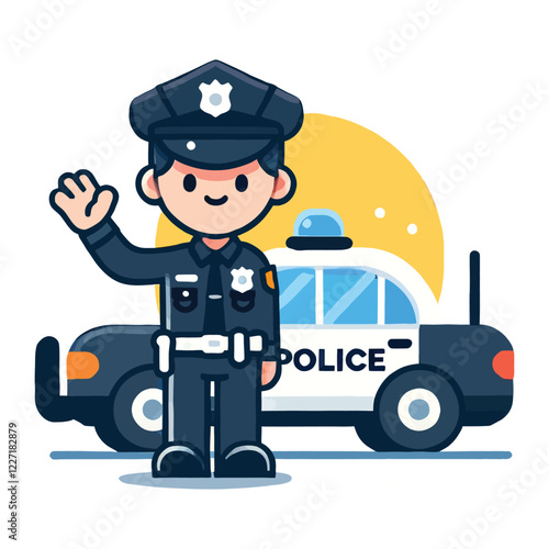 Friendly Cartoon Police Officer Waving Near Police Car