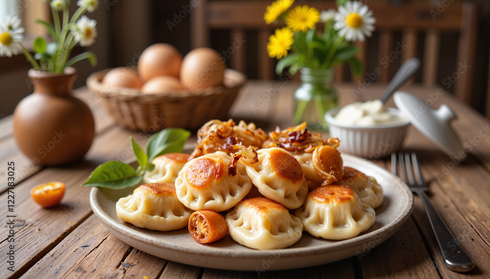 Rustic Polish pierogi with sour cream and wildflowers, cozy dining Rustic Polish pierogi with sour cream and wildflowers, cozy dining