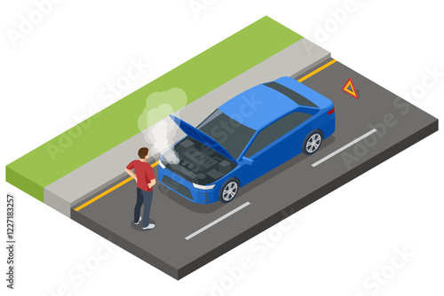 Isometric Car crash, car breakdown. A blue car with an open hood, emitting steam, stranded on the roadside. A warning triangle is placed behind, while the driver looks at the engine.
