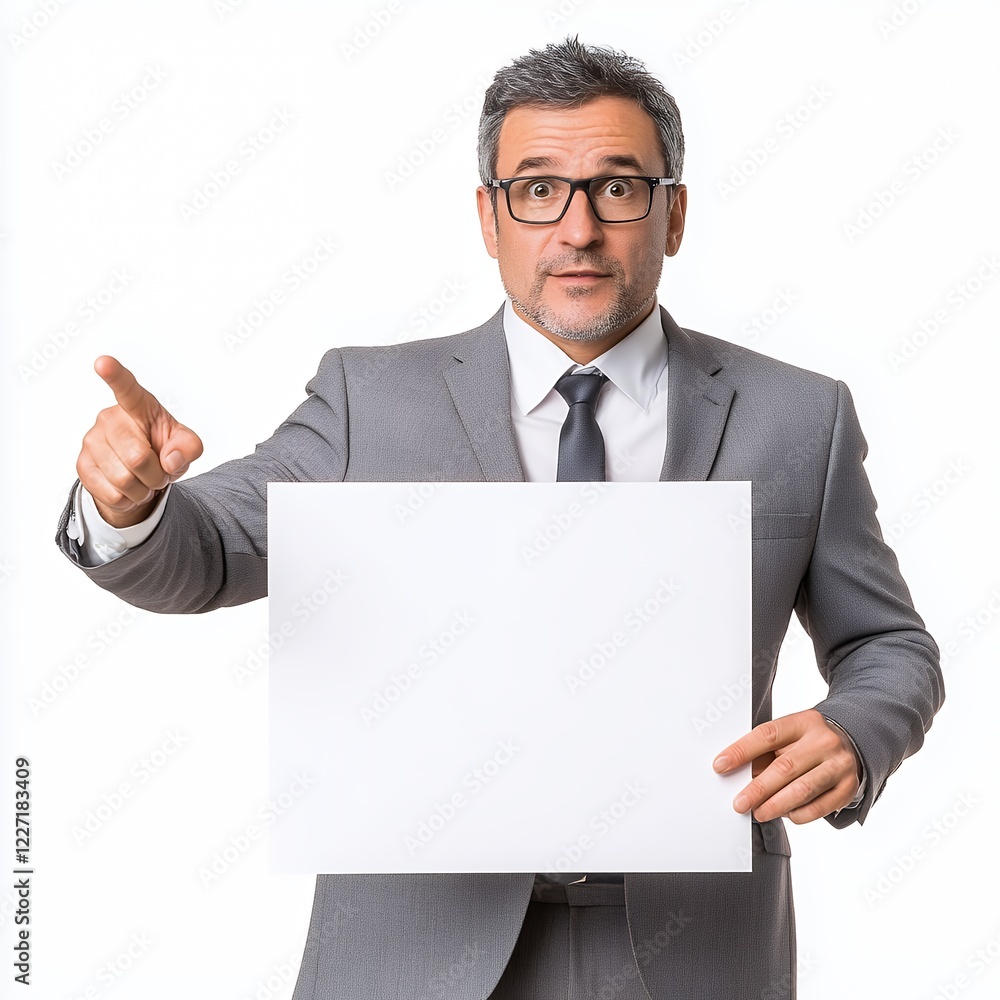 Confident businessman in suit points at blank sign, conveying a message or idea. Studio portrait with white background. Confident businessman in suit points at blank sign, conveying a message or idea. Studio portrait with white background.