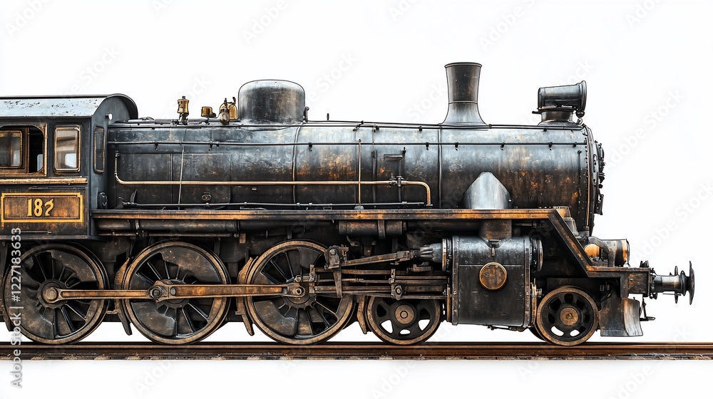 Fototapeta premium Vintage steam locomotive side profile, weathered, tracks, white background, railway history