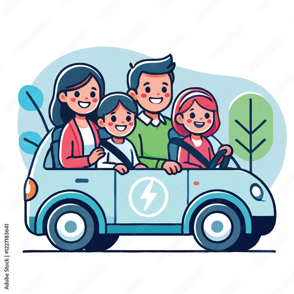 Happy Family Enjoying an Electric Car Ride Illustration Happy Family Enjoying an Electric Car Ride Illustration