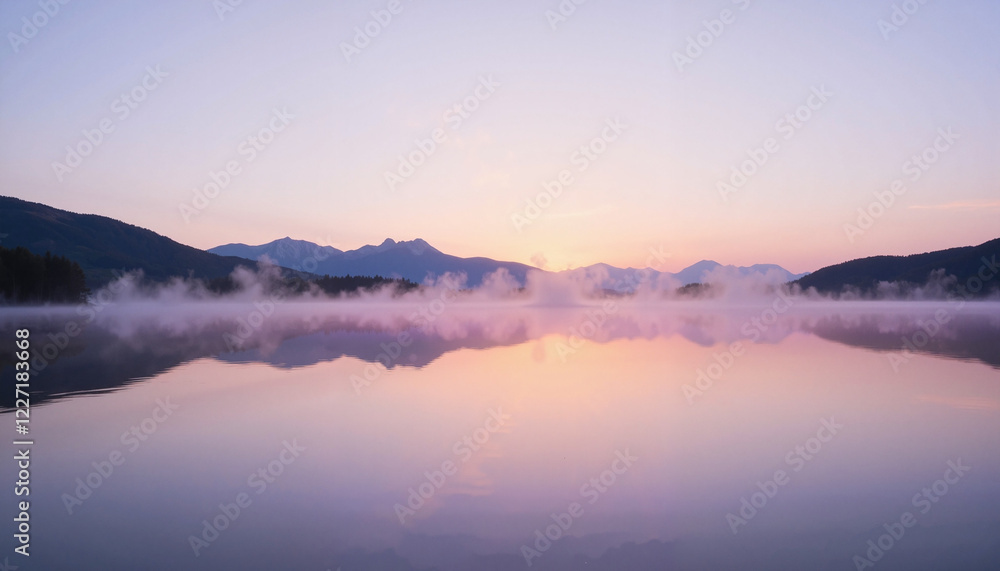 Serene lake reflection at dawn with misty mountains, tranquility concept Serene lake reflection at dawn with misty mountains, tranquility concept