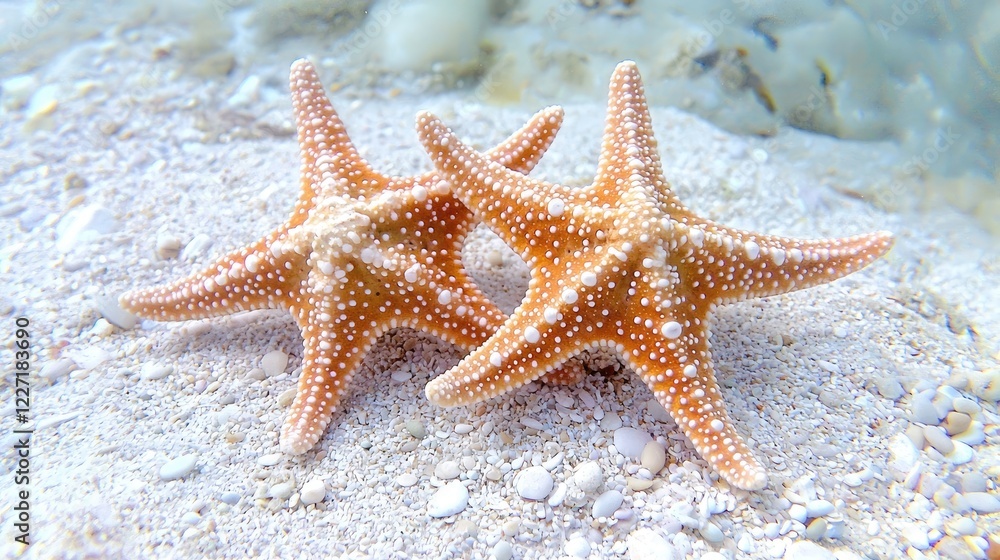 Two starfish on sandy seabed, underwater ocean scene, nature background, perfect for travel brochures Two starfish on sandy seabed, underwater ocean scene, nature background, perfect for travel brochures