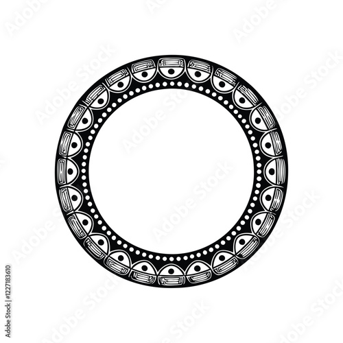 Design an intricately detailed Aztec-style ouroboros, a serpent consuming its tail, encircled by symbolic elements representing the cyclical nature of life and death.