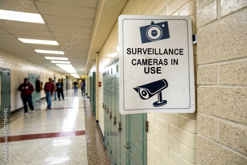 A sign indicating that surveillance cameras are in use, positioned along a school hallway with lockers and students visible in the background. photo