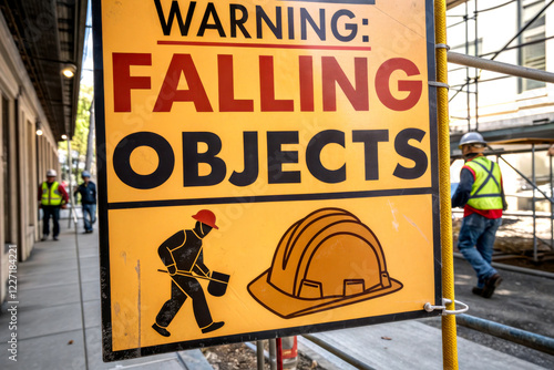 A bright warning sign alerts pedestrians to the danger of falling objects in a construction zone, featuring a hard hat and construction worker illustration.
