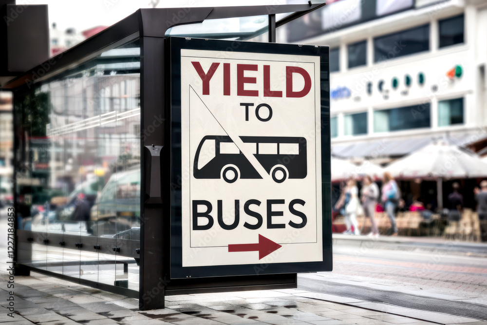A bus stop sign instructing pedestrians to yield to buses, featuring a large graphic of a bus and a directional arrow. A bus stop sign instructing pedestrians to yield to buses, featuring a large graphic of a bus and a directional arrow.