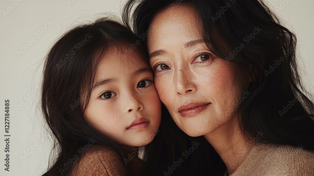 Tender embrace of asian mother and daughter with long dark hair Tender embrace of asian mother and daughter with long dark hair