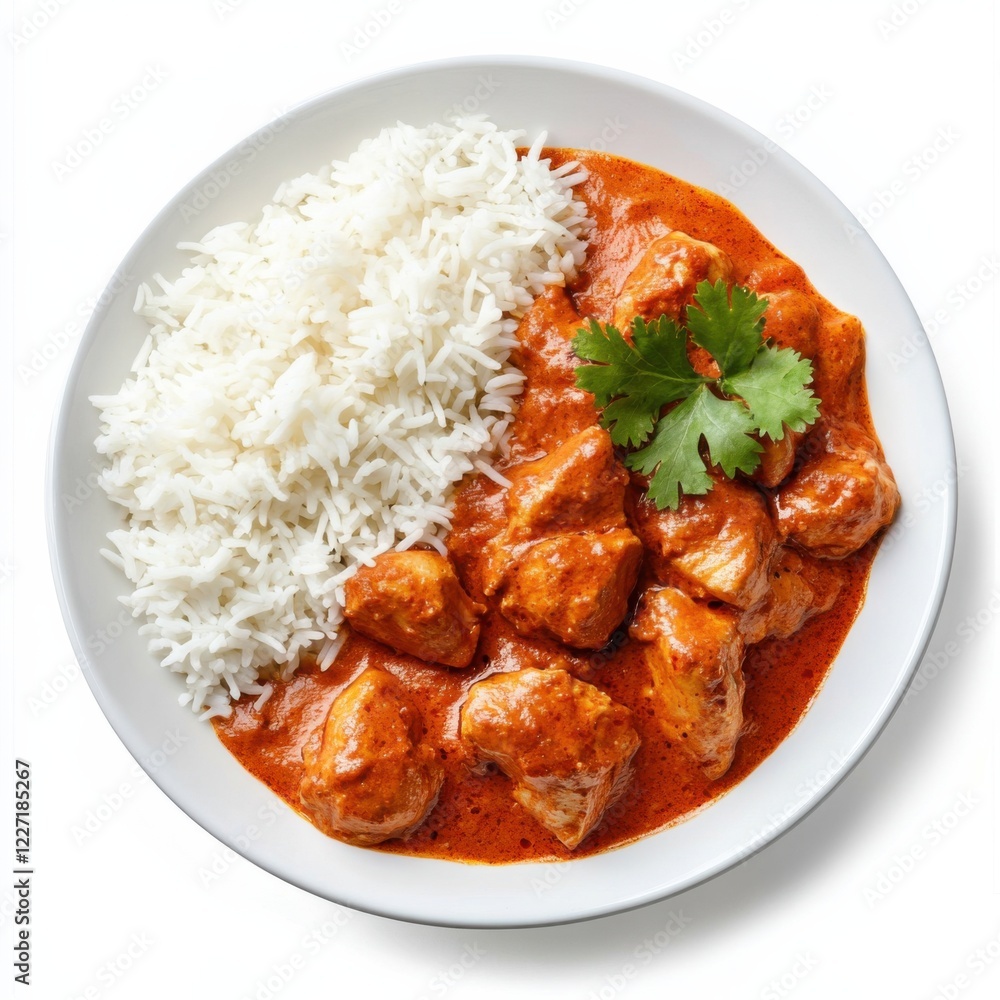 A traditional chicken tikka masala with basmati rice, isolated white background, cubist art style A traditional chicken tikka masala with basmati rice, isolated white background, cubist art style