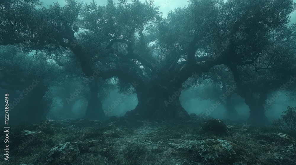 Fototapeta premium Eerie Forest Scene with Ancient Trees Shrouded in Mystical Mist and Shadows Creating a Tranquil Atmosphere