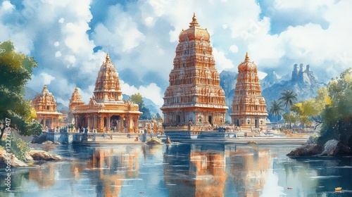 Magnificent Temples by a Calm Lake: A Watercolor Painting of Serene Architecture
