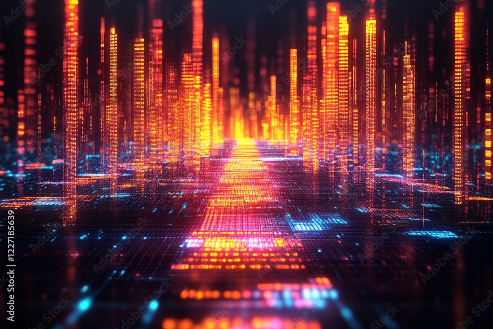 Fototapeta premium Bright neon cityscape with towering digital structures and vibrant colors at night