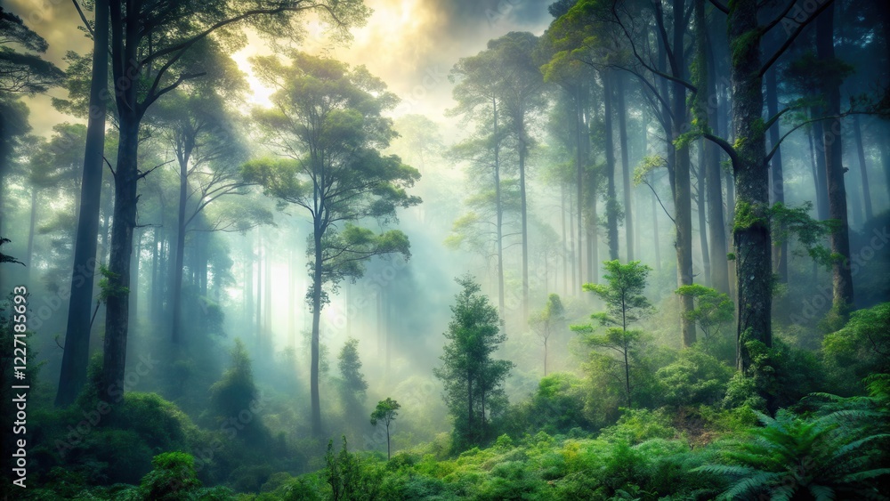 Obraz premium Misty forest landscape with towering trees and dense foliage, fog rolling in from the underbrush , mysterious landscape, nature scenery
