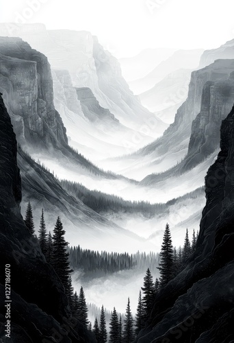 A black and white photograph showcasing a stunning view of mountain silhouettes against a misty backdrop